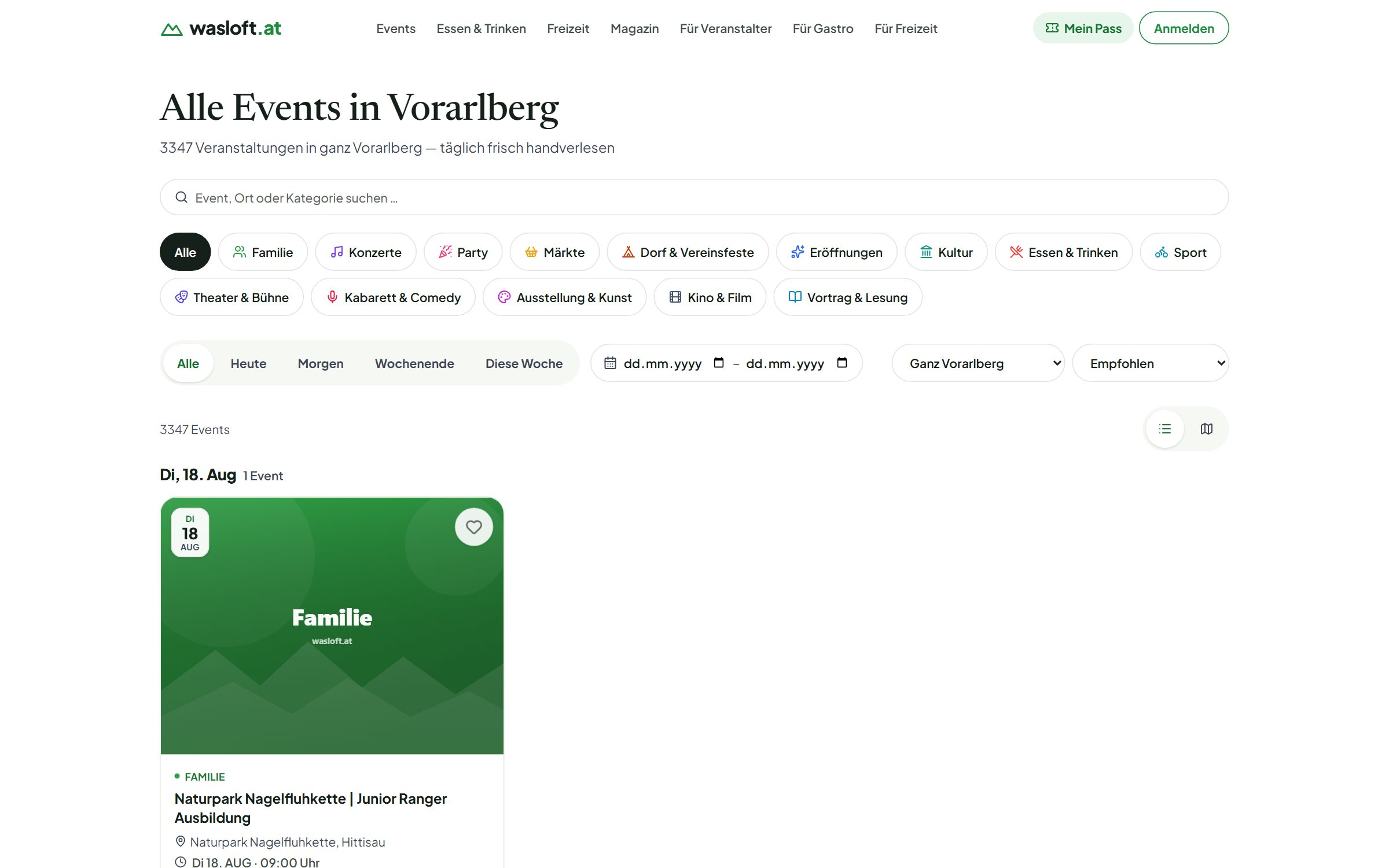Übersichtsseite mit allen Veranstaltungen und Filtermöglichkeiten