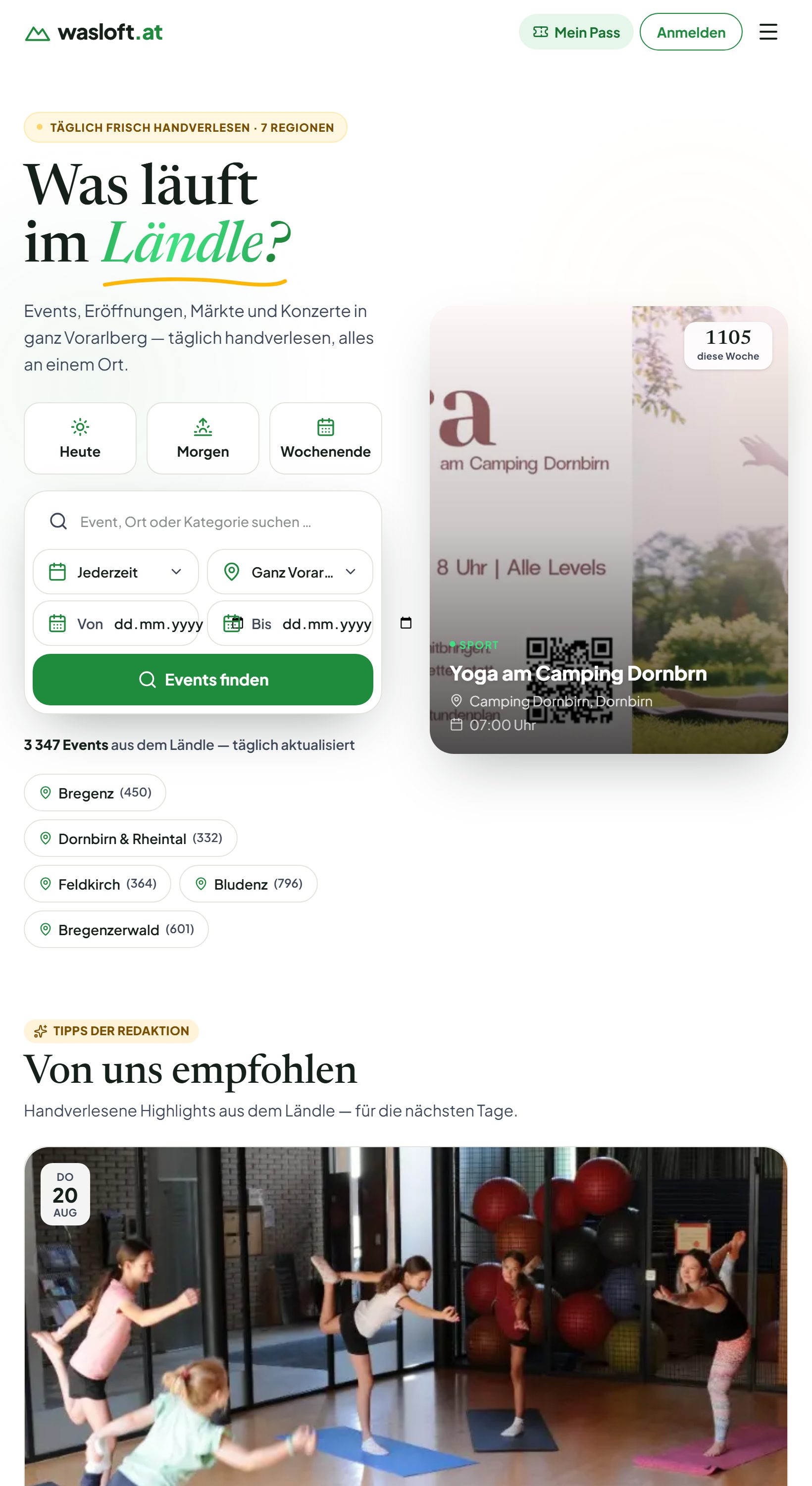 Mobile Ansicht der Startseite von wasloft.at